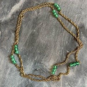Vintage Long Gold Chain Necklace Green Art Glass Station Necklace